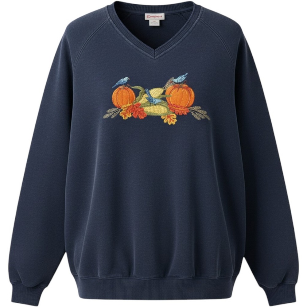 Classic Elements Woman Navy V-Neck Embroidered Pumpkin Sweatshirt 16-18W Fall